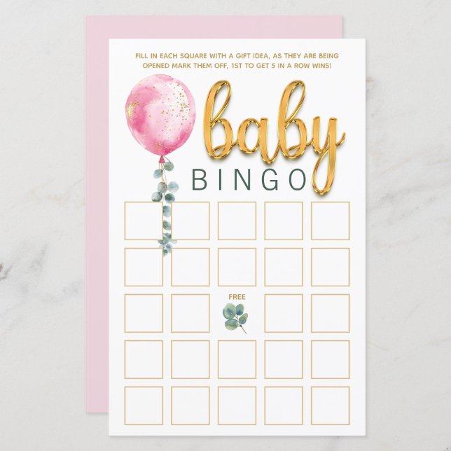 Pink Balloon Baby Dusche Bingo Game Card (Vorne/Hinten)