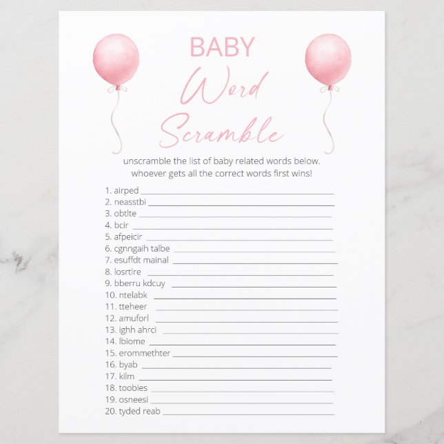 Pink Balloon Baby Dusche Word Scramble (Vorderseite)