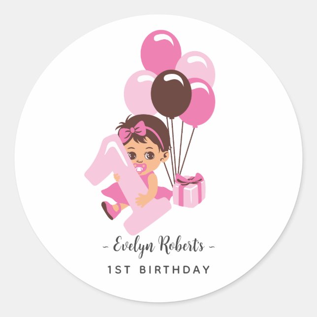 Pink Balloon Baby Girl First Birthday Runder Aufkleber (Vorderseite)