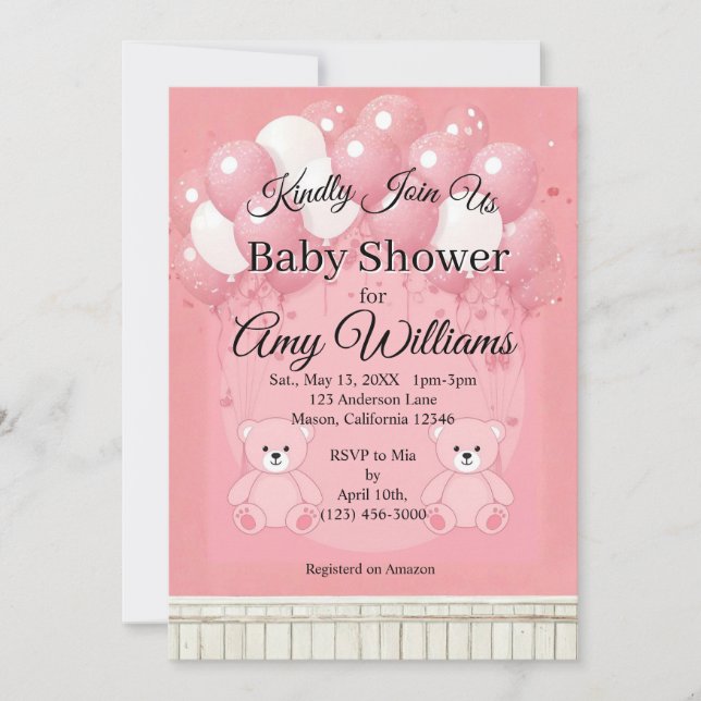 Pink Balloon baby shower Invitation Einladung (Vorderseite)