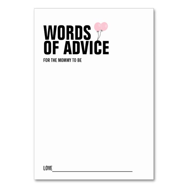 Pink Balloon Baby Shower Mommy Advice Card Tischnummer (Vorderseite)