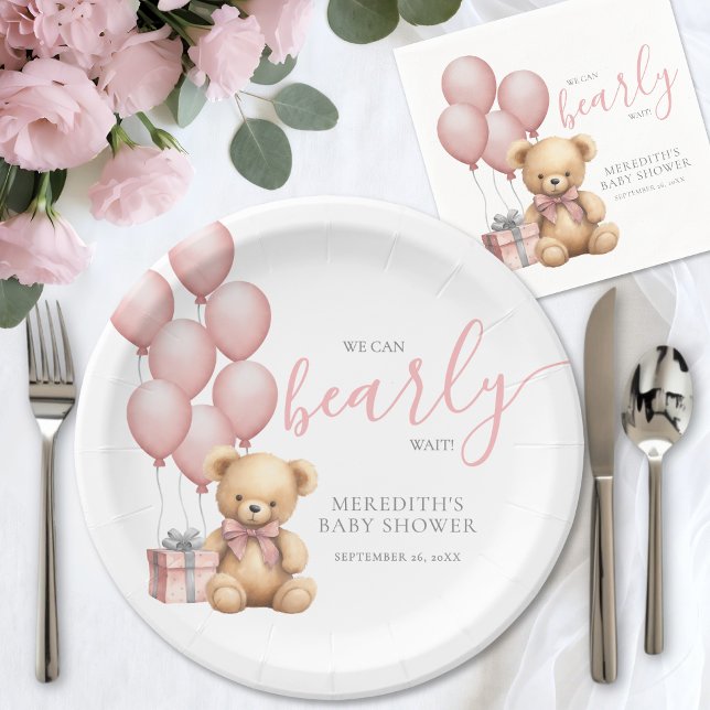 Pink Balloon Bear Baby Shower Pappteller (Pink Balloon Bear Baby Shower Paper Plates)