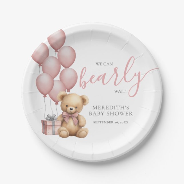 Pink Balloon Bear Baby Shower Pappteller (Vorderseite)