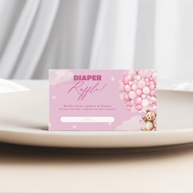 Pink Balloon Bear Diaper Raffle Girl Baby Dusche Begleitkarte (Von Creator hochgeladen)
