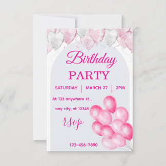 Pink Balloon Birthday Party Invitation Watercolor Einladung