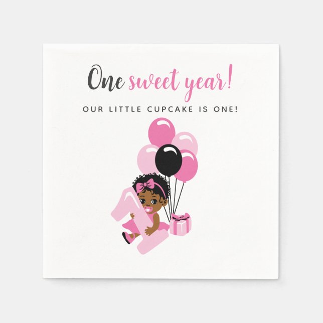 Pink Balloon Black Baby Girl 1st Birthday Serviette (Vorderseite)