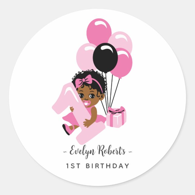 Pink Balloon Black Baby Girl First Birthday Runder Aufkleber (Vorderseite)