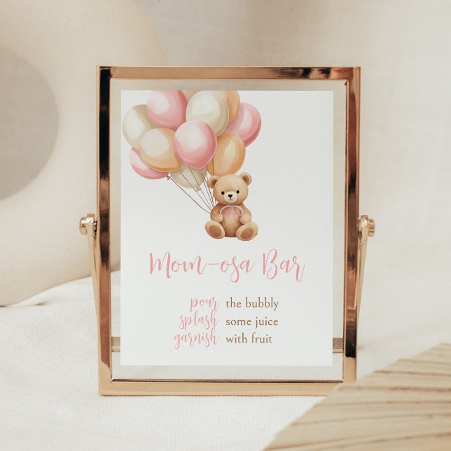 Pink Balloon Boho Bear Baby Dusche Mama Osa Bar Poster (We Can Bearly Wait Girl Baby Shower Mom Osa Bar Sign)