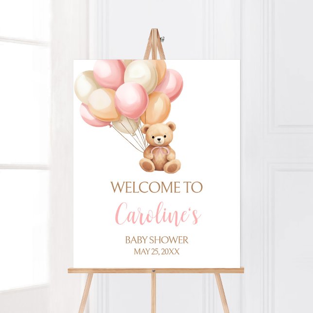 Pink Balloon Boho Bear Baby Dusche Willkommen Poster (We Can Bearly Wait Girl Baby Shower Welcome Sign)