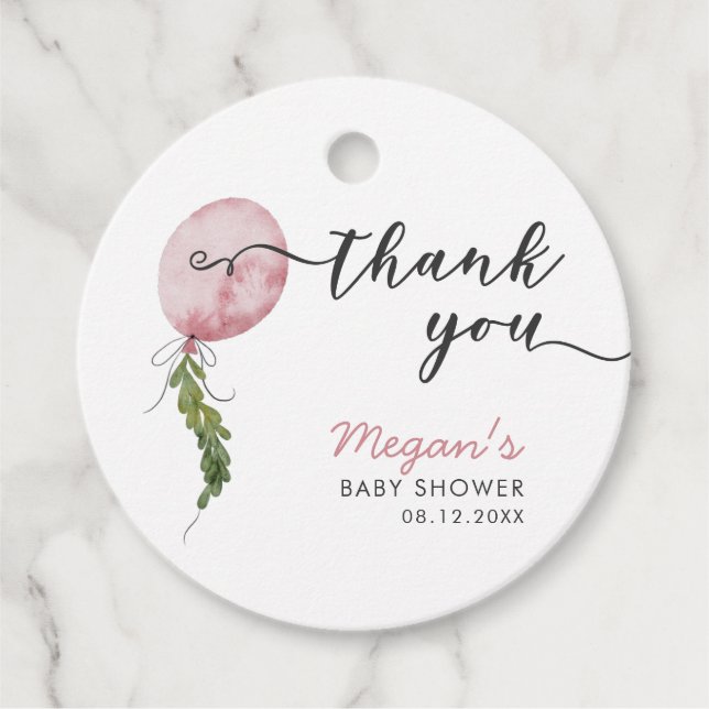 Pink Balloon Botanische Blätter Babydusche Geschenkanhänger (Vorderseite)