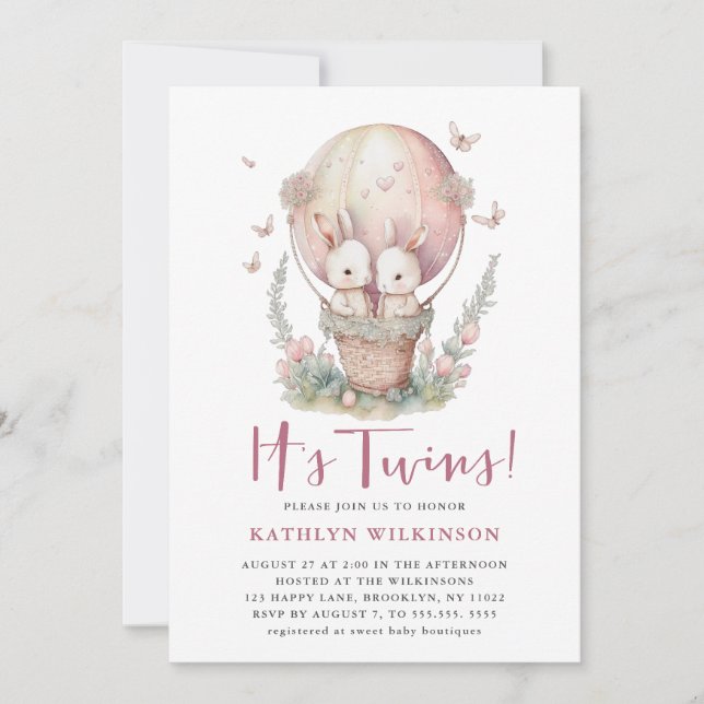 Pink Balloon Butterfly It's Twins Girl Baby Shower Einladung (Vorderseite)