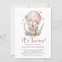 Pink Balloon Butterfly It's Twins Girl Baby Shower