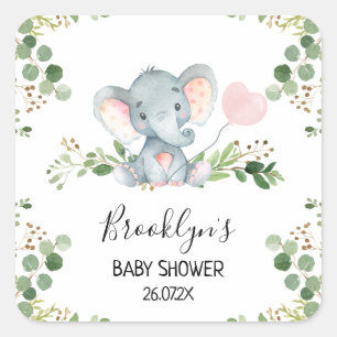 Pink Balloon Elephant Baby Showsticker Quadratischer Aufkleber