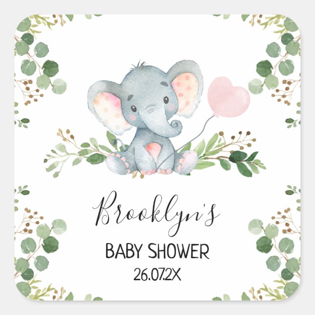 Pink Balloon Elephant Baby Showsticker Quadratischer Aufkleber (Vorderseite)
