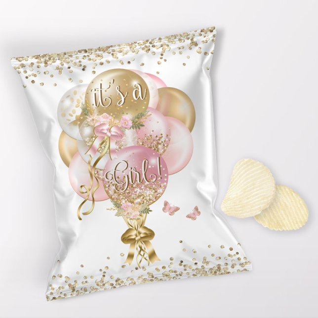 Pink Balloon Girl Baby Duschvorrichtung Chip Beute Flyer (1 ounce snack bag wrapper flyer. )