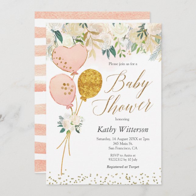 Pink Balloon Girl Baby Shower Einladung (Vorne/Hinten)