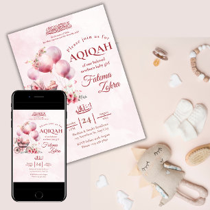 Pink Balloon Stroller Baby Girl Muslim Aqiqah Einladung