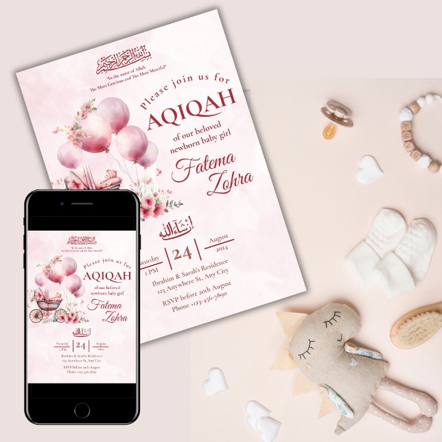 Pink Balloon Stroller Baby Girl Muslim Aqiqah Einladung (Von Creator hochgeladen)
