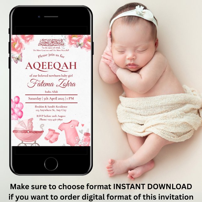 Pink Balloon Stroller Baby Girl Muslim Aqiqah Einladung (Von Creator hochgeladen)