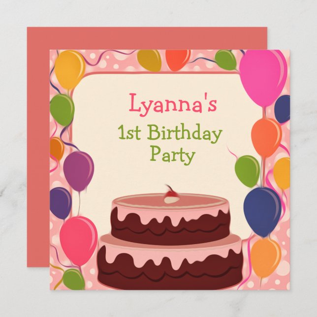 Pink Balloons 1. Geburtstag Party Einladung (Vorne/Hinten)