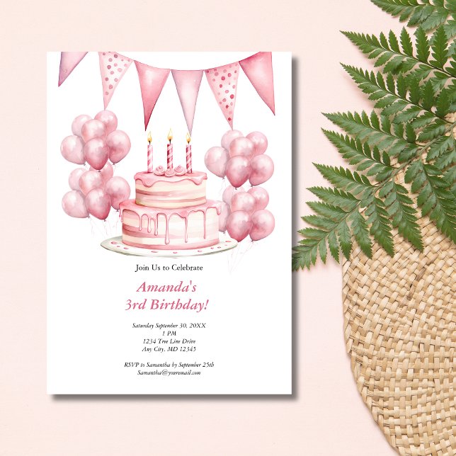 Pink Balloons Birthday Cake Banner Girl 3. Geburts Einladung (Pink Birthday Cake Balloons Banner 3rd Birthday party invitation. Printed or digital download)