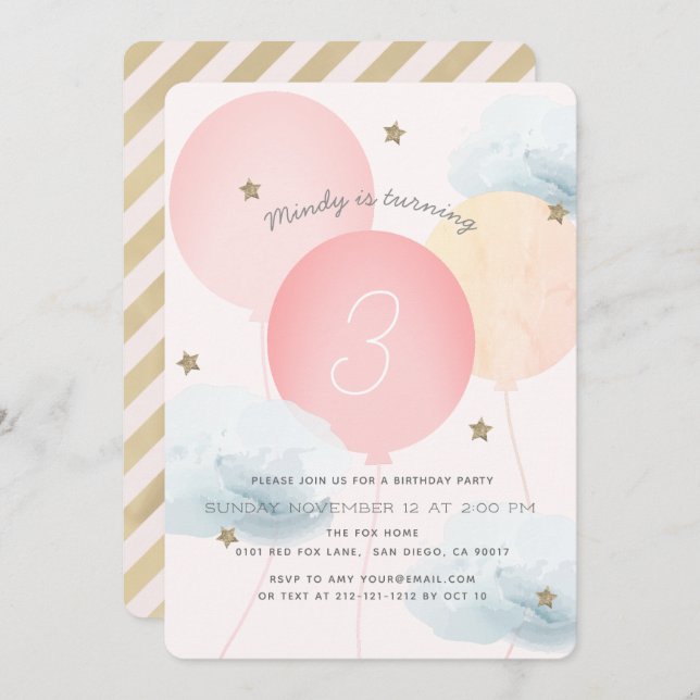 Pink Balloons & Clouds Geburtstagsparty Einladung (Vorne/Hinten)