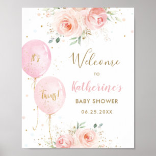 Pink Balloons Floral Twins Baby Dusche Willkommen Poster