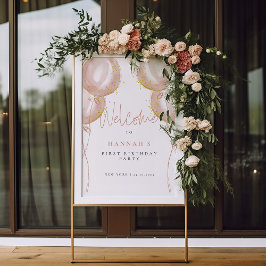 Pink Balloons Girl Child Erster Geburtstag Willkom Poster