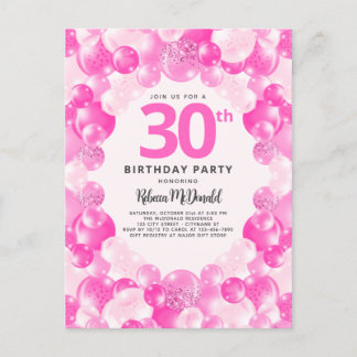 Pink Balloons Imitate Glitzer Spaß 30. Geburtstag Einladungspostkarte