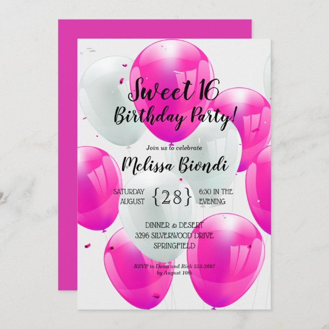 Pink Balloons Sweet 16. Geburtstagsparty Einladung (Vorne/Hinten)