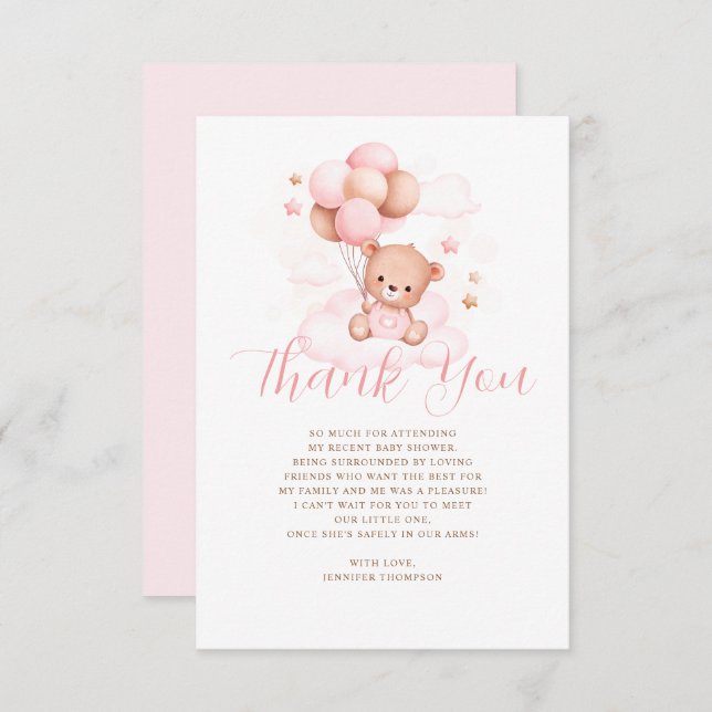 Pink Balloons Teddy Bear Baby Dusche Dankeskarte (Vorne/Hinten)
