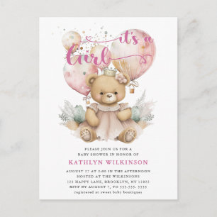 Pink Balloons Teddy Bear Floral Girl Babydusche Einladungspostkarte