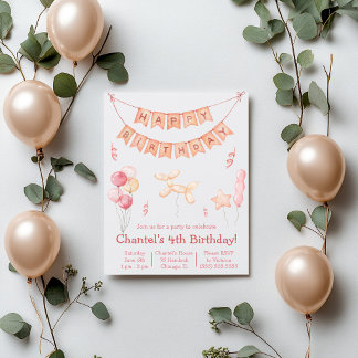 Pink Balloons und Banner Geburtstagsparty Einladung