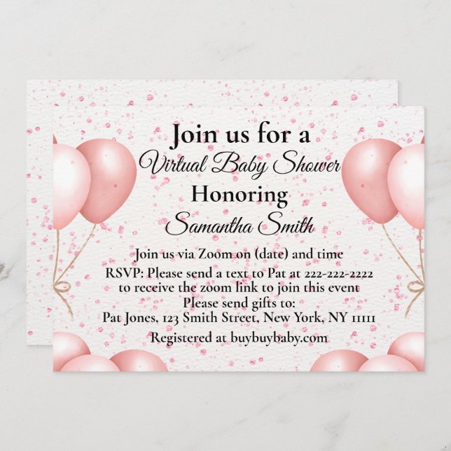 Pink Balloons Virtual Baby Dusche Einladung (Vorne/Hinten)