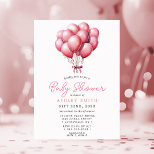 Pink Balloons Watercolor Girl Babydusche Einladung