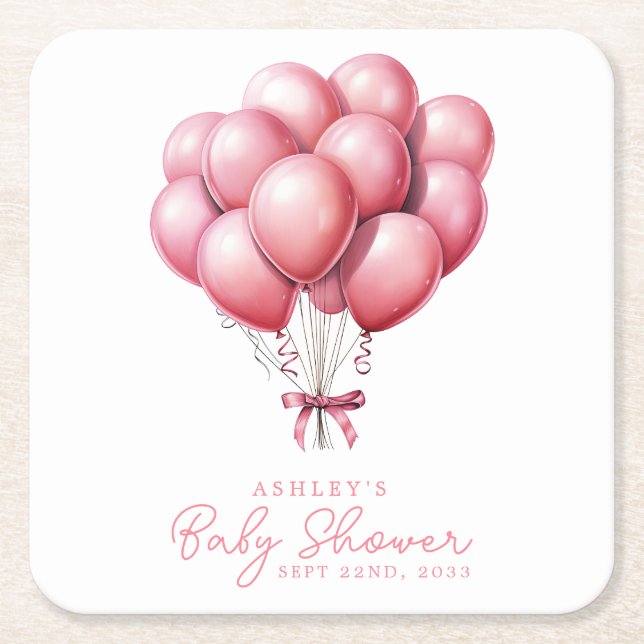 Pink Balloons Watercolor Girl Babydusche Rechteckiger Pappuntersetzer (Vorderseite)