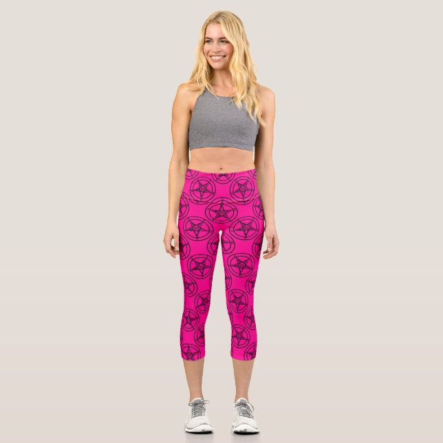 Pink-Baphomet-Pentagramm-halloween Capri Leggings (Vorderseite)