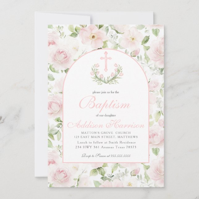 Pink Baptism Invitation, Girl Baptism,  Einladung (Vorderseite)