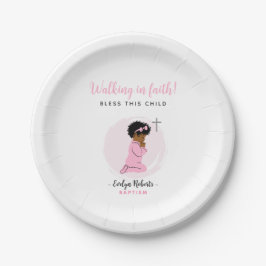 Pink Baptism Plates With Black Praying Baby Girl Pappteller