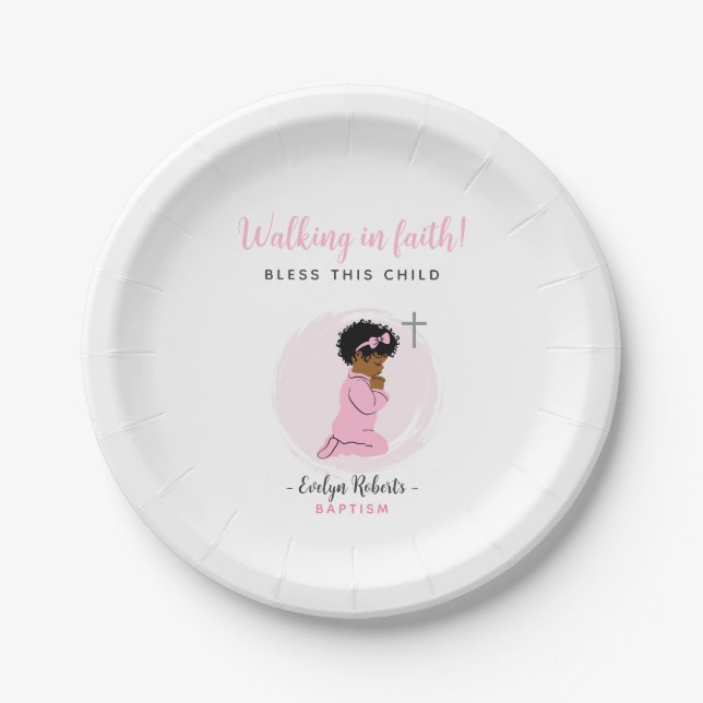 Pink Baptism Plates With Black Praying Baby Girl Pappteller (Vorderseite)
