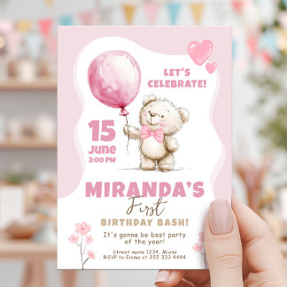 Pink Bär Geburtstagsfeier 1. Geburtstag Einladung