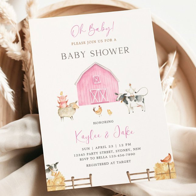 Pink Barn Farm Animals Oh Baby Girl Baby Shower Einladung (Von Creator hochgeladen)