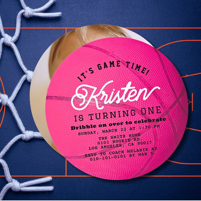 Pink Basketball Girl Photo 1st Birthday Circle Einladung (Von Creator hochgeladen)