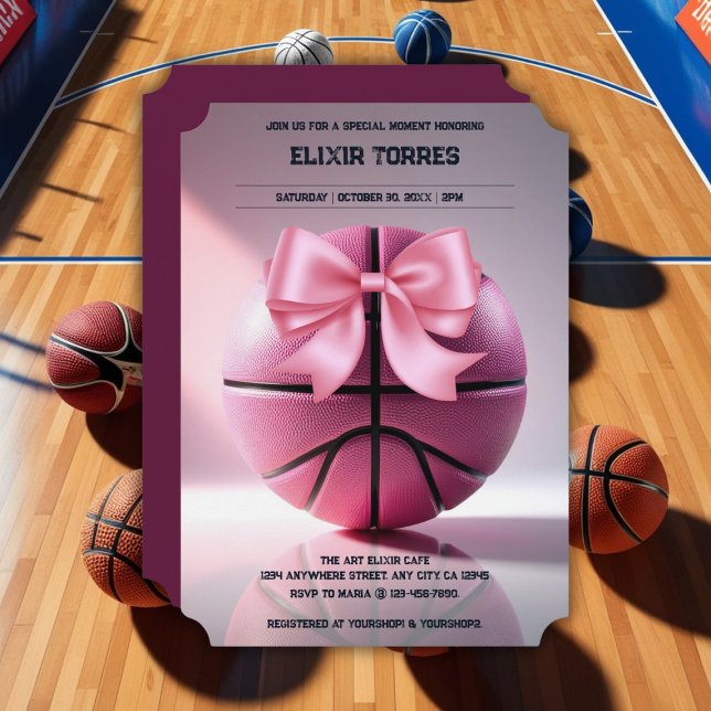 Pink Basketball Ribbon Bow Ball Baby Dusche Einladung (Von Creator hochgeladen)