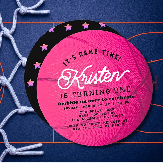 Pink Basketball Shape Girl 1st Birthday Circle Einladung (Von Creator hochgeladen)