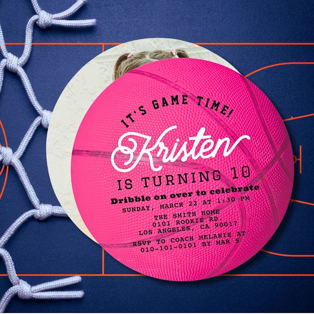 Pink Basketball Shape Photo Girl Birthday Circle Einladung (Von Creator hochgeladen)