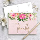 Pink Bat Mitzvah Floral Gold Skript Danke, Bold Postkarte<br><div class="desc">Vergewissern Sie sich, dass Ihr Lieblings-Bat Mitzvah ihre Wertschätzung für alle, die ihre Meilenstein-Veranstaltung unterstützt! Schicken Sie diese raffinierte, personalisierte Dankeschön Postcard! Eine atemberaubende, rosa und pfirsichfarbene Aquarellfarbe mit Imitaten, Goldfolien-Schrift-Typografie und moderne staubige Rose Sans Serif Typ Overlay ein weiches rosa & konfetti-Punkte Hintergrund. Ein Stern von David, zusammen mit...</div>