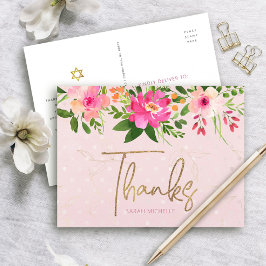 Pink Bat Mitzvah Floral Gold Skript Danke, Bold Postkarte