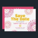 Pink Bat Mitzvah Kühne Sternexplosion Cool Moderne Save The Date<br><div class="desc">Achten Sie darauf, dass alle Ihre Freunde und Verwandten den Meilenstein Ihrer Tochter Bat Mitzvah feiern können! Senden Sie diese lustige, boho Retro, personalisierte "Save the Date" Ankündigungskarte. Retro-Sternexplosionen mit heißen rosa und korallenfarbenen Blume mit den Sternen von David, sowie kühne moderne, gelbe, heiß rosa und dunkelgraue Sans Serif Typografie,...</div>