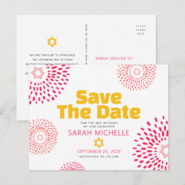 Pink Bat Mitzvah Save the Date Moderne Sternexplos Einladungspostkarte